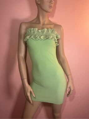 Forever 21 NWT Lime Green Strapless Ribbed Ruffle Bodycon Mini Dress Small